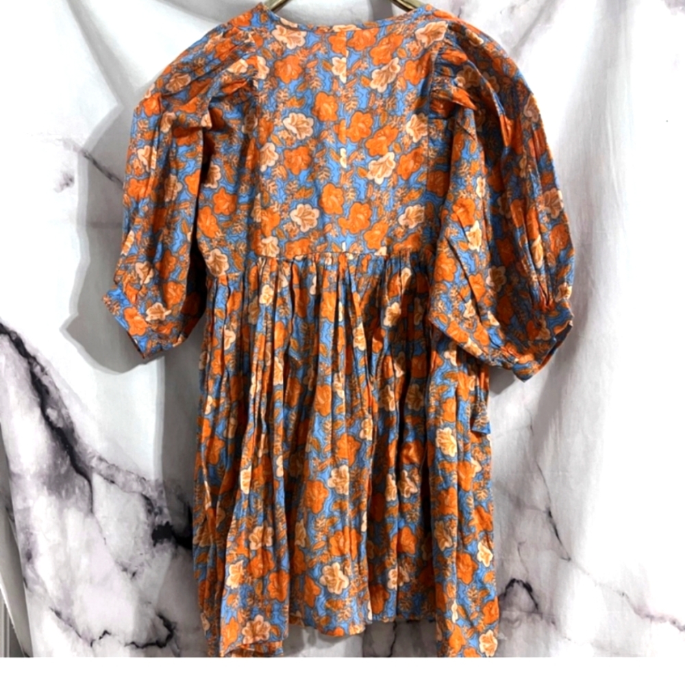 Anthropologie Floral Mini Dress - Orange and Blue